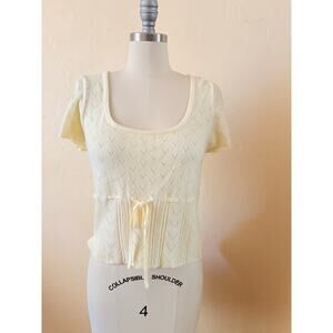Sincerely Jules L Butter Yellow Pointelle Knit Top Tie Waist Square Neck